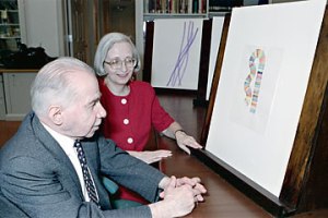 Dorothy and Herbert Vogel look at a drawing by Richard Tuttle from their collection in the Print Study Room, National Gallery of Art, 1992. Photo by Lorene Emerson, National Gallery of Art, Washington, D.C., Gallery Archives.